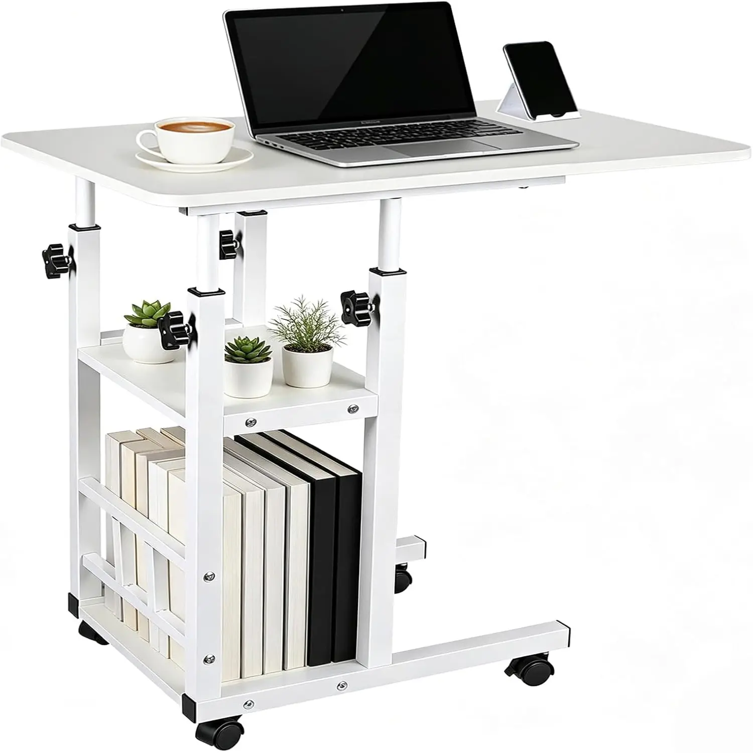 Adjustable Height Desk with Storage Shelves and Wheels for Home Office or Study Room, Rounded-Corner Protection Design