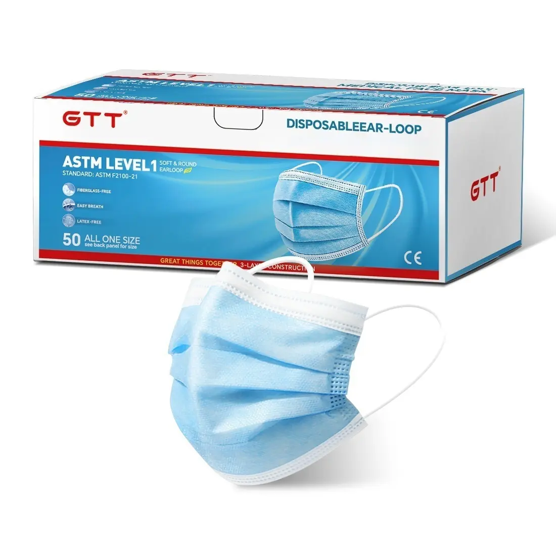 ASTM Level 1 Blue Disposable 3 Ply Face Masks 50 Pack Latex Fiberglass Free Breathable Earloop Masks
