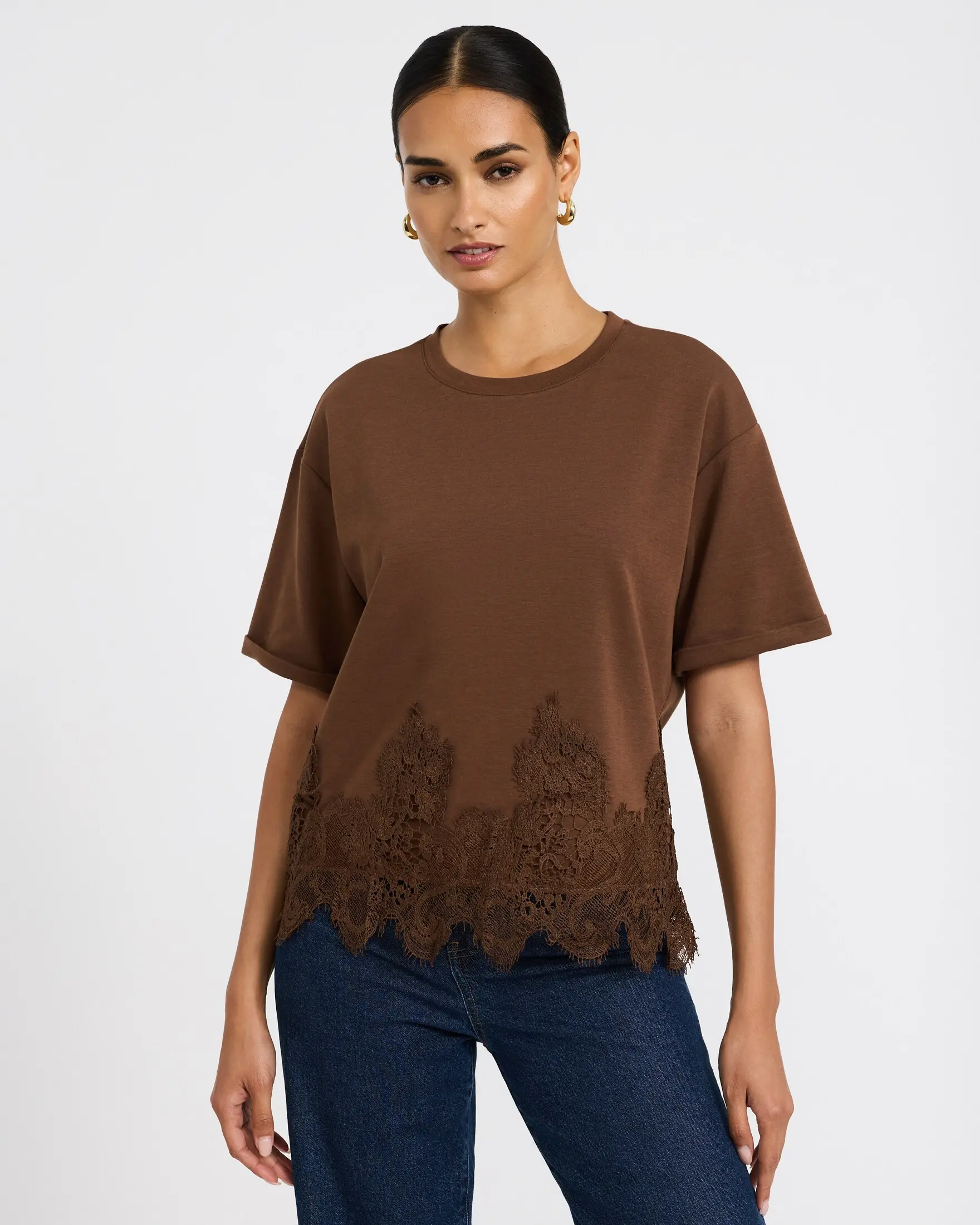Express Crew Neck Short Sleeve Lace Trim Tee