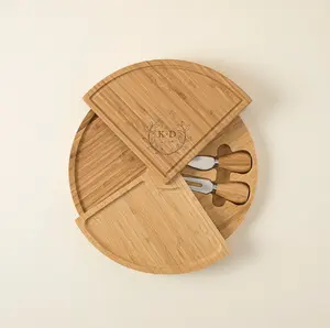 Personalized Compact Swivel Cheese Board, Standard 13", custom charcuterie turntable, rustic kitchen decor, bridal shower celebration gift, compact party display,  Folding Swivel Cheese Tray with Knives