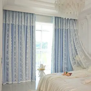 1pc New Blue Series Dual-Layer Fabric Sheer Curtain, Window Curtain, Home Decoration Curtain, Light Blocking French Lace Drapes for Bedroom & Living Room, Minimalist Style