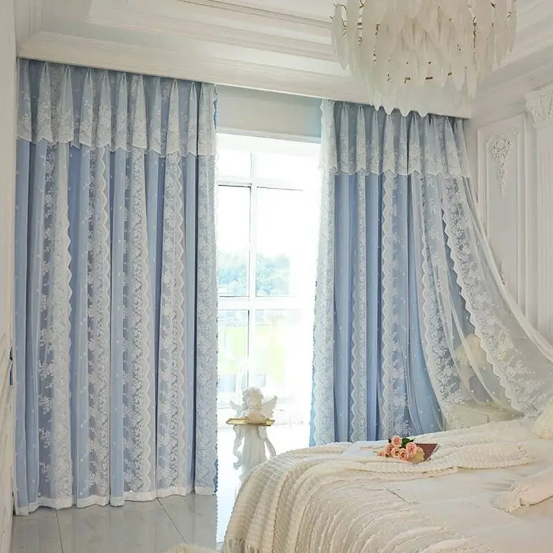 1pc New Blue Series Dual-Layer Fabric Sheer Curtain, Window Curtain, Home Decoration Curtain, Light Blocking French Lace Drapes for Bedroom & Living Room, Minimalist Style, Home Decorative Curtain
