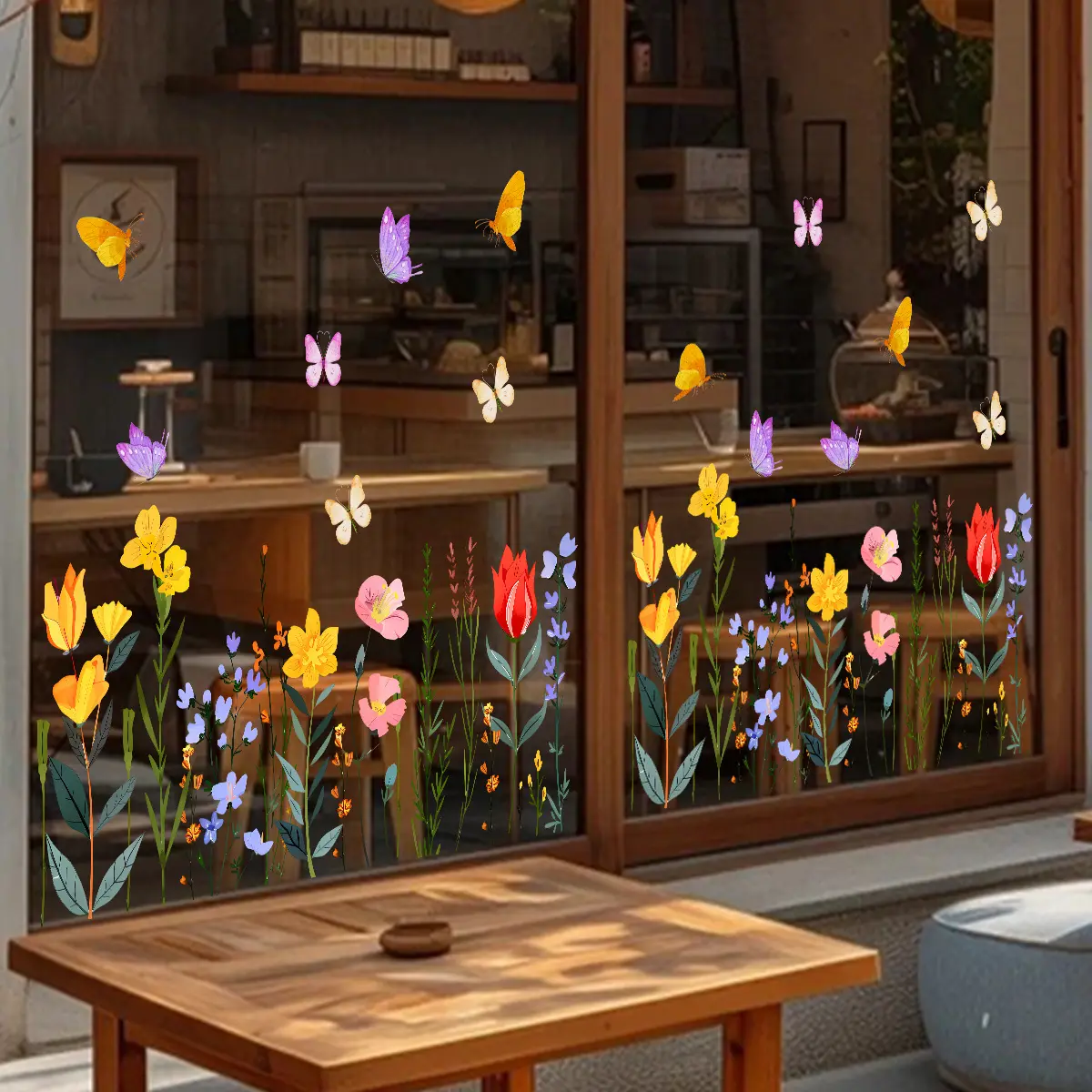 Set of 2 pieces (30*60cm*2pcs) colorful floral and butterfly window stickers, electrostatic adsorption for glass window home decoration and beautification D21858-KR