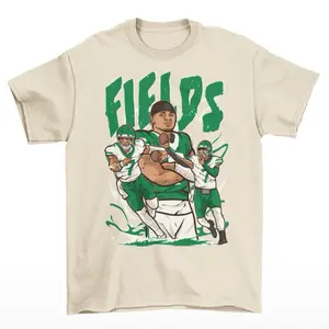 Justin Fields Cartoon Style New York Football T-Shirt - Men’s Adult Sizes, 100% cotton tee, unisex style