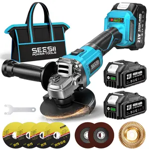 SEESII Cordless Angle Grinder Kit with 2x4.0Ah Batteries, 10000RPM Brushless Electric Metal Grinder w/ 4-1/2" Cutting Wheel, Flap Wheel, and Wool Carving Wheel for Precision Cutting & Grinding
