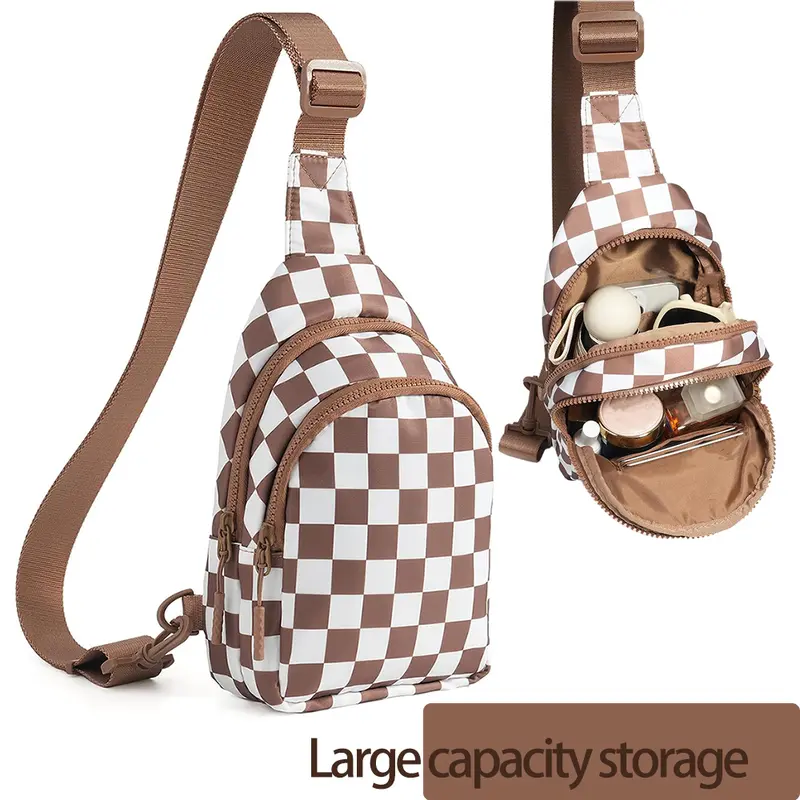 Lightweight Small Backpack Crossbody Chest Bag Fanny Packs PursesTRAVEL COMPANION Classic And Stylish Anti-Theft Hiking Main Compartment Zippered Front Pockets Adjustable Shoulder Strap WaterResistant Brown White Checkered Design