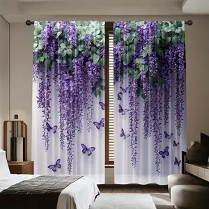 Elegant Wisteria and Butterfly Curtains, Decorative, Light Filtering Polyester Fiber, Rod Pocket Design, Easy Installation, Bedroom and Living Room Decor