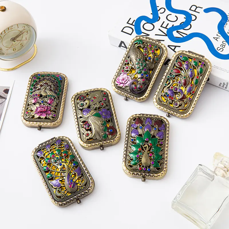 Rectangular Pocket Mirror for Women, Vintage Antique Gold with Embossed Peacock Design, Portable Folding Metal Case with 2X/1X Magnification