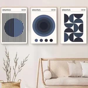3pcs/set Minimalist Geometric Wall Art Bauhaus Exhibition Poster Abstract Shape Prints Mid Century Modern Artwork Boho Modern Pictures Abstract Geometric Painting Blue Bauhaus Poster for Room Unframed
