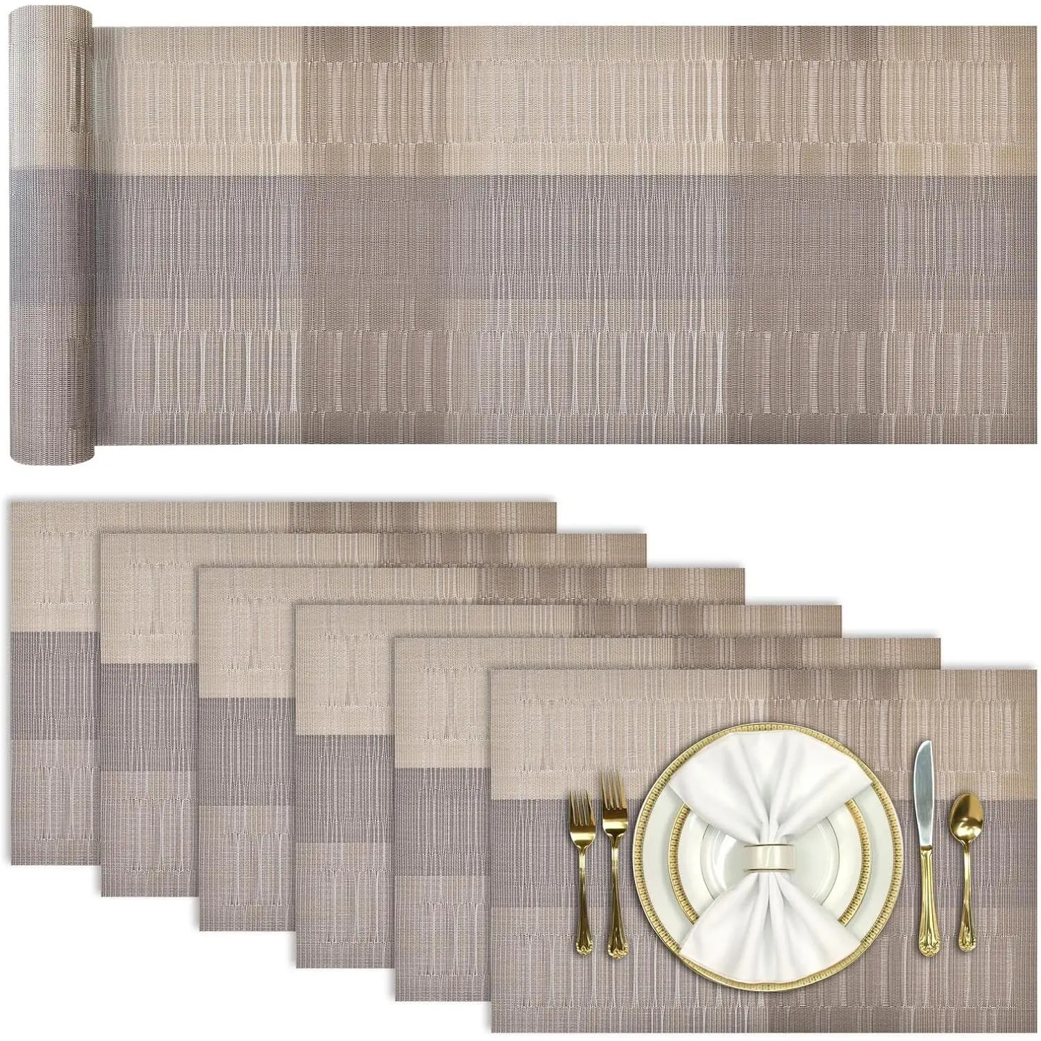 Table Runner and Placemats Set of 6 Washable, Heat Resistant Place Mats with Table Runner, Woven Vinyl Table Placemats, Stain Resistant Kitchen Table Mats Sets, Easy to Clean, Gold, Set of 7