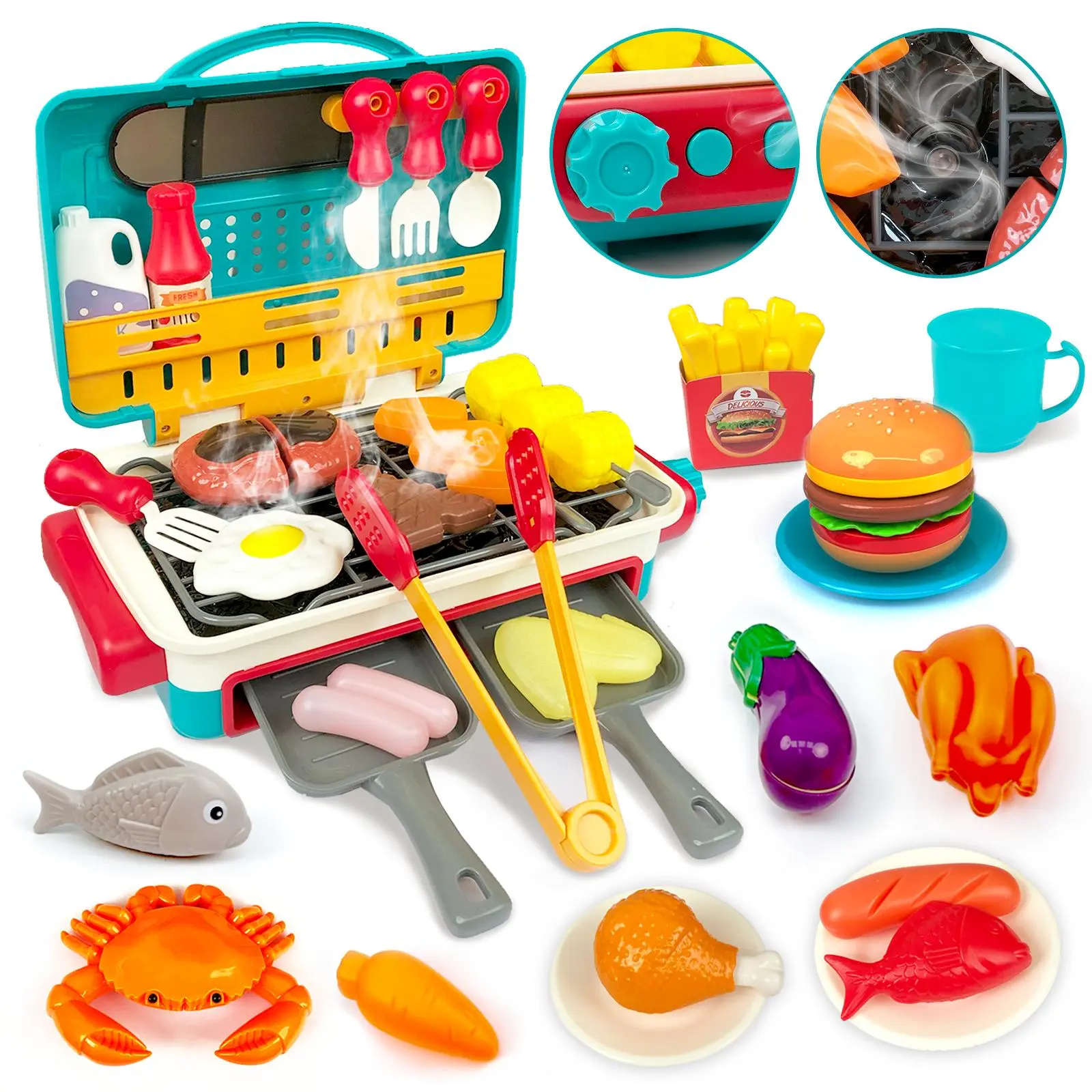 BBQ Cooking Kitchen Set, BBQ Grill Toy Set, Color Changing Pretend Play,Realistic Sizzling Sound,Mist Effect,Included Toy Food Accessories