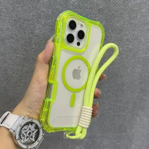 Wrist Strap Lanyard Shockproof Armor For Magsafe Magnetic Case For iPhone 13 14 15 16 Pro Max Wireless Charge Clear Cover