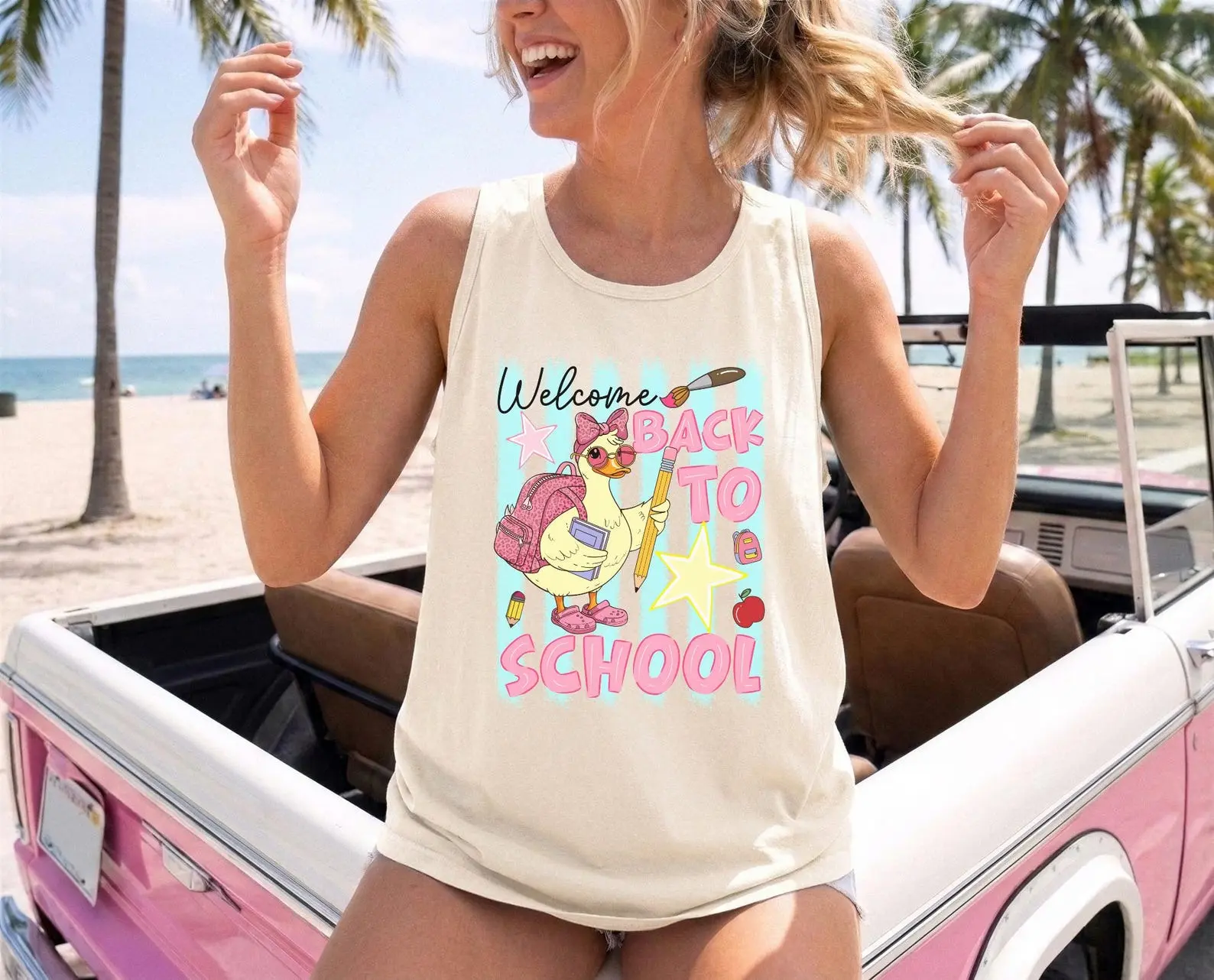 Women's Casual Cotton Ribbed Tank Top - Funny Teacher Chicken Graphic, Short-Sleeve, Round Neck, Regular Fit, Back to School Haul Clothes, First Day School Gift, XL, All Seasons