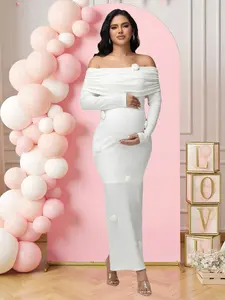 BELLAdresses Elegant Floral Off-Shoulder Gown - Sophisticated Fitted Long Sleeve Dress with Slit for Baby Showers
