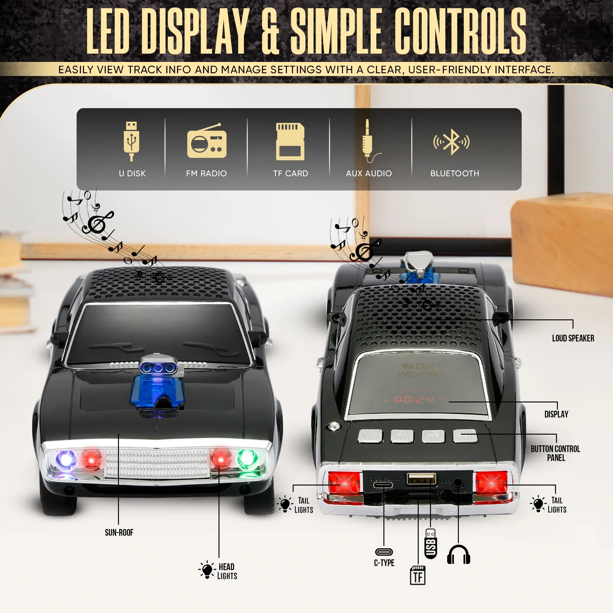 Fuzix WS-1968 Car Bluetooth Portable Speaker with LED AUX USB FM