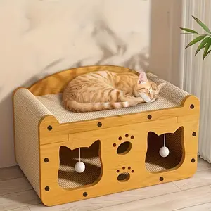 Multifunctional Three-In-One Cat Scratching Post Sofa Bed House, Durable Corrugated Paper Pet Furniture with Hanging Ball Toy