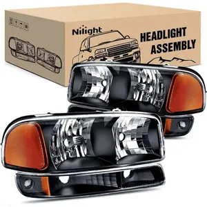 Nilight 1999 2000 2001 2002 2003 2004 2005 2006 GMC Sierra Yukon Headlight Assembly Black Case Amber Reflector