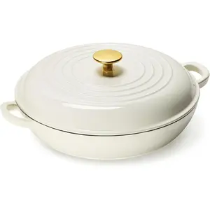 3.4QT Enameled Cast Iron Braiser Pan, Shallow Dutch Oven Casserole Skillets, Non-Toxic Cast Iron Pot with Lid, Dual Handles, All Stovetop Compatible, Ideal for Grilling Searing Baking, White