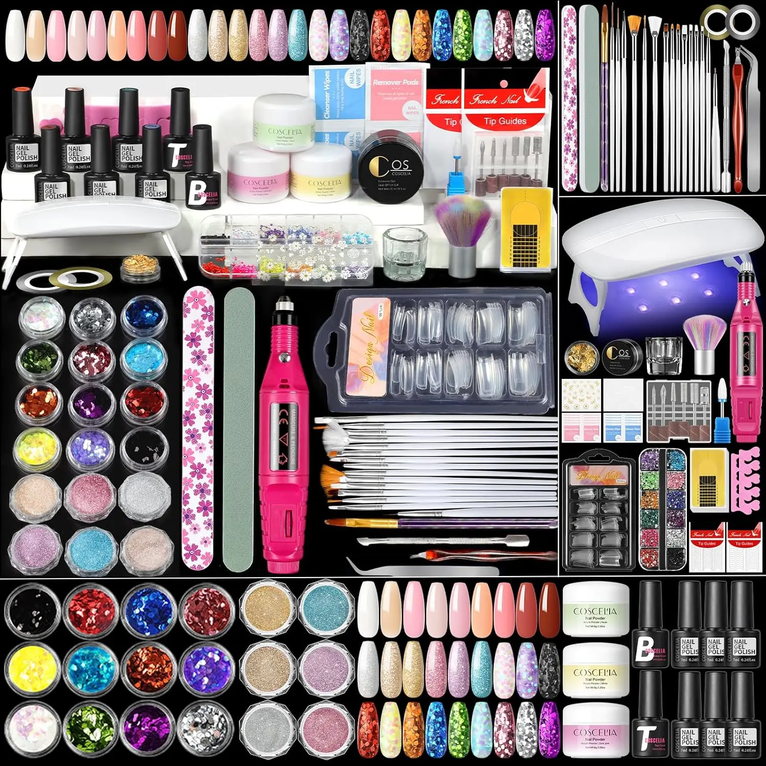 Acrylic Nail Kit for Beginners with Everything Professional Acrylics Powder 6pcs Gel Nail Polish 18pcs Glitter Decoration Powder Nails Kit Acrylic Set with Drill Light Gifts for Women