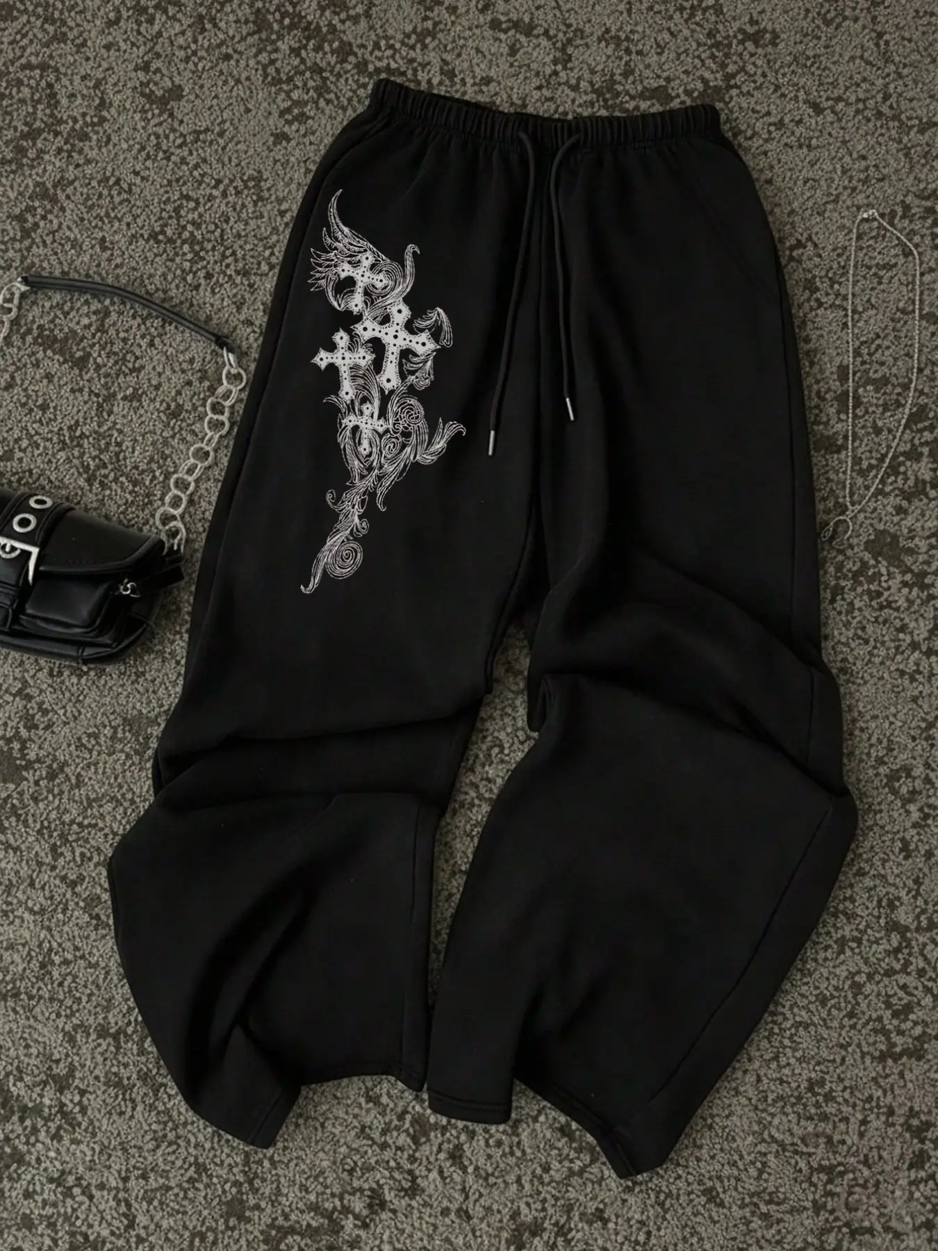 Black Abstract Gothic Print Wide-Leg Casual Comfy Loose Sweatpants - Y2K Dark Streetwear Baggy Pants