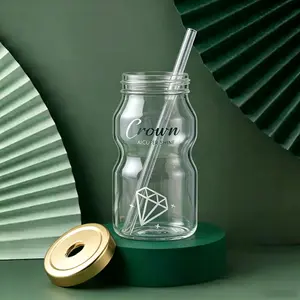 Aesthetic Irregular Glass Cup with Straw | Gold Lid Bubble Tea Drinking Tumbler Cute Curvy Water Bottle for Iced Coffee Juice Home Office Daily Drinkware