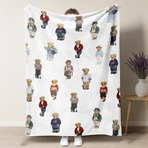 Cute Bear Aesthetic Pattern Blanket,Coquette Striped Bear Blanket,Old Money Style Decor Plush Throw Blanket,Soft Cozy Vintage Napping Blanket for Home Office Travel Camping