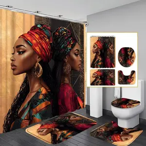 1/4pcs African Girl Pattern Bathroom Decor Set, 4 Countsset Including Shower Curtain & Toilet U-shape Mat & Bathroom Mat & Toilet Lid Cover, Bathroom Decor Supplies, Bathroom Decoration Accessories