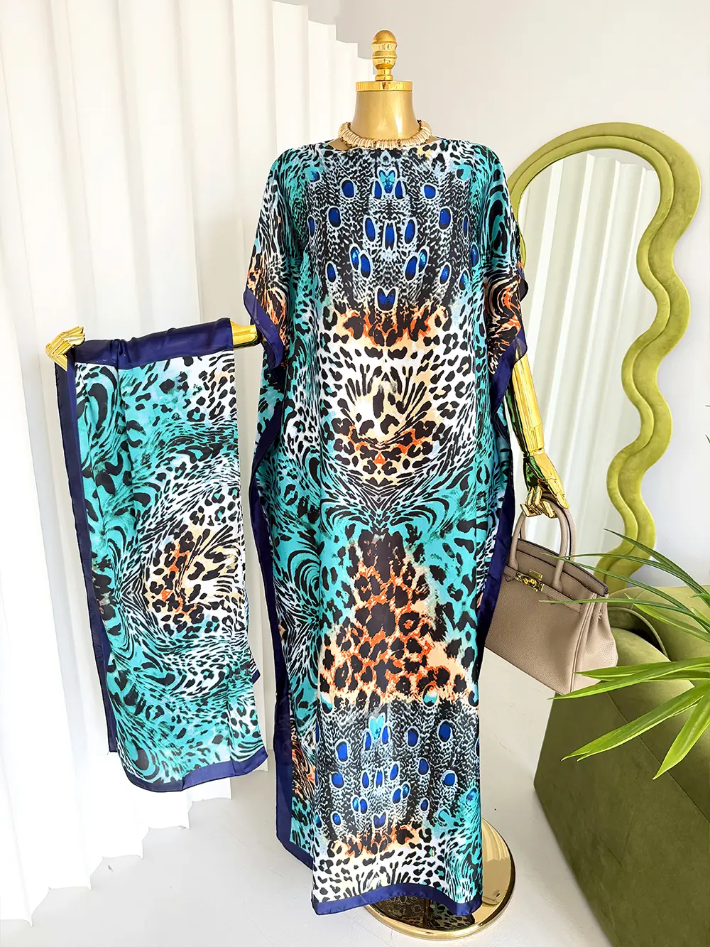 Peacock & Leopard Print Kaftan Maxi Dress & Scarf Set – Elegant Loose Fit Long Robe with Vibrant Blue & Orange Tones, Boho Beach Cover Up & Lounge Wear for Women, Soft Flowy Fabric Summer Vacation Outfit