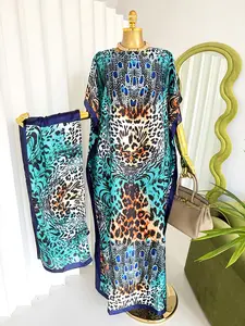 Peacock & Leopard Print Kaftan Maxi Dress & Scarf Set – Elegant Loose Fit Long Robe with Vibrant Blue & Orange Tones, Boho Beach Cover Up & Lounge Wear for Women, Soft Flowy Fabric Summer Vacation Outfit