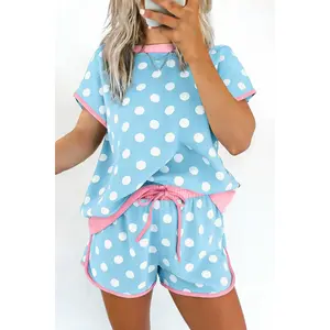 Sky Blue Polka Dot Contrast Edge Casual Short Set