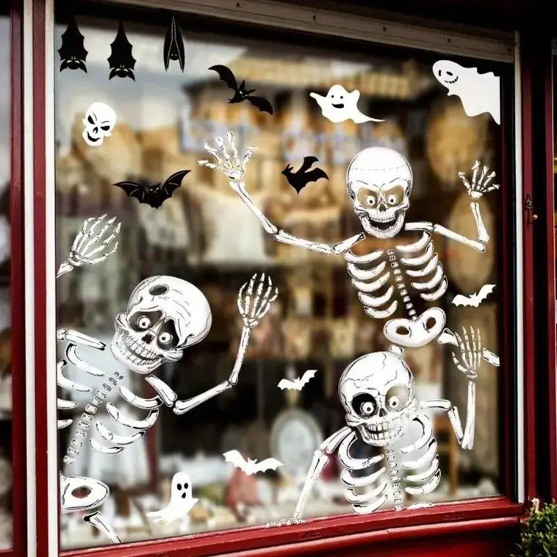 4-Piece Halloween Skeleton Window Clings Set, Scary PVC Stickers for Glass and Wall, Perfect for Haunted House Party and Home Decor