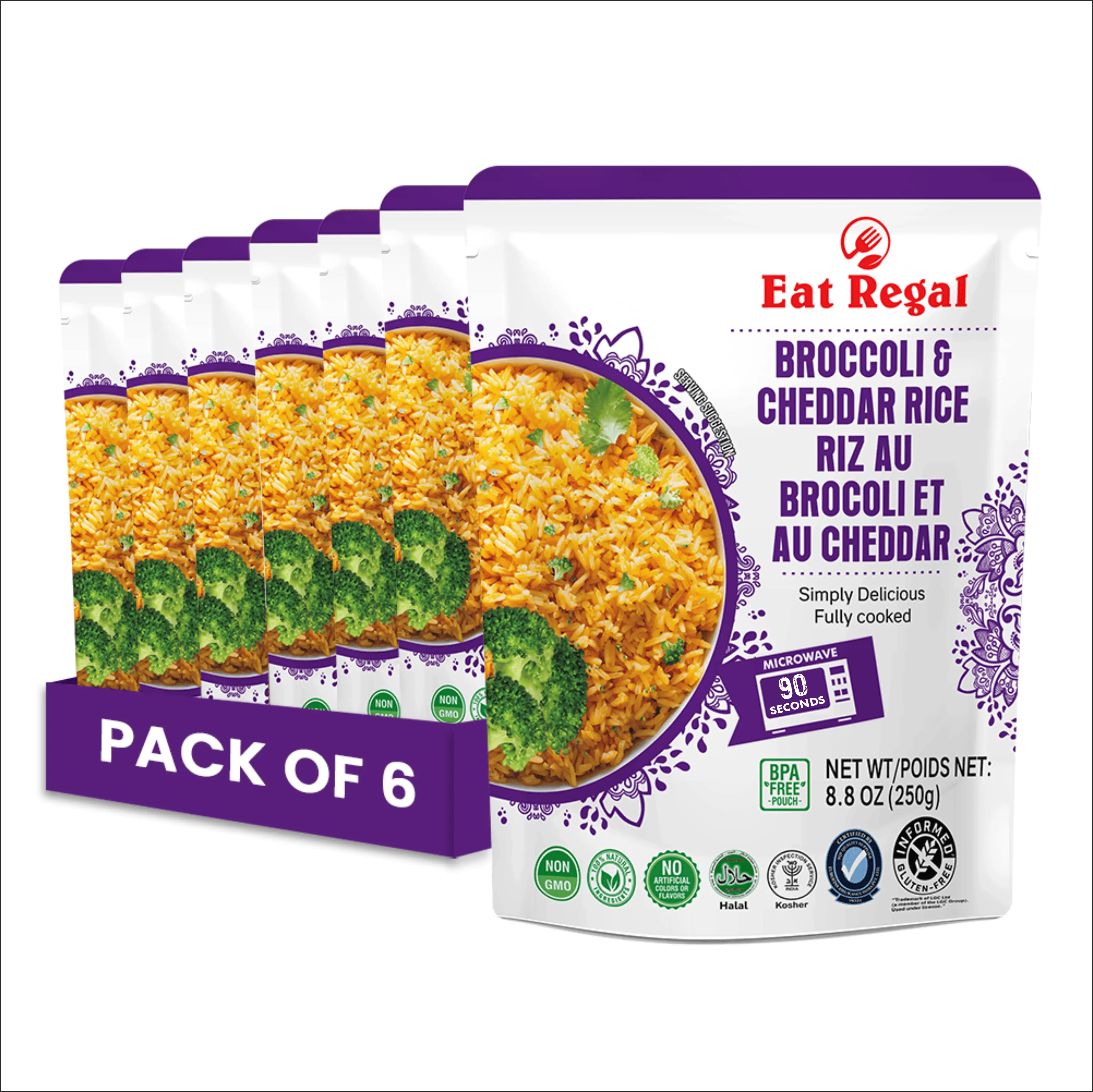 Eat Regal Ready to Eat Broccoli & Cheddar Rice Pack of 6 - 8.8 Ounce - 1.5 Minutes Microwave - Non-GMO, Suitable for Halal & Kosher - 52.8 Ounce Total Weight - Food Natural