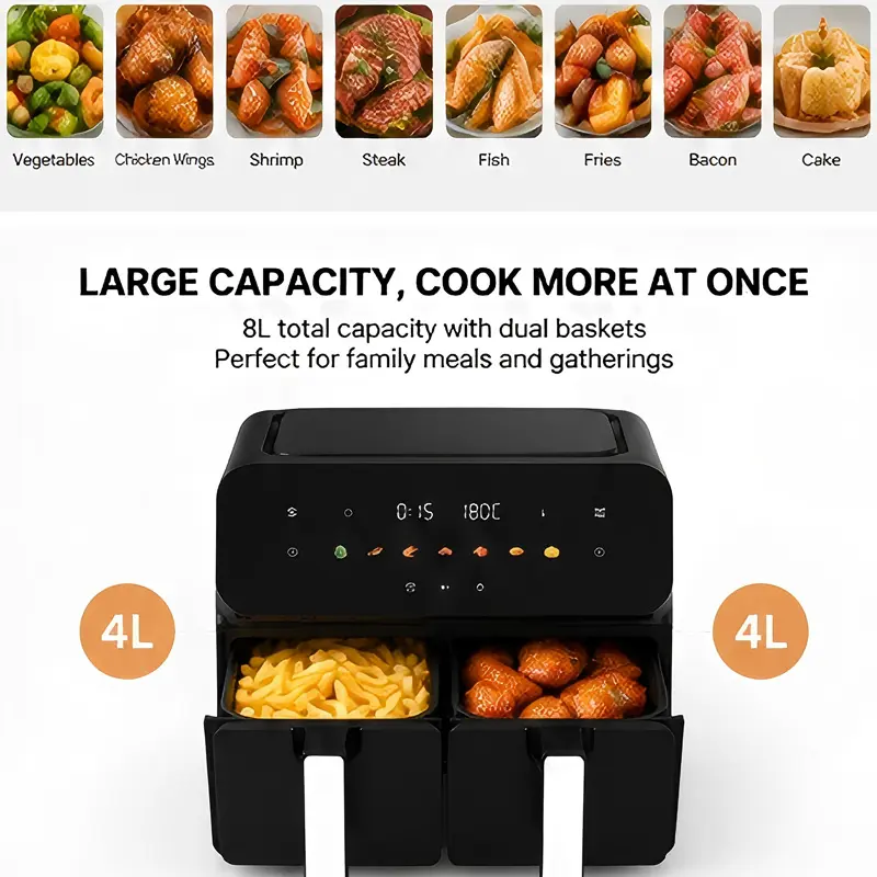 8L Dual-Basket Square Air Fryer with 4L Capacity per Basket, Simultaneous Cook Function for Vegetables, Chicken Wings, Shrimp, Steak, Fish, Fries, Bacon, Cake – Ideal for Family Meals, Square Shape