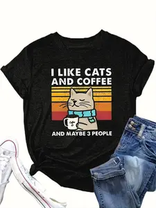 【Plus Size】 Women's Coffee & Cat Print Round Neck Tee, Fashion Casual Crew Neck T-Shirt for Daily Holiday Vacation Outdoor Wear, Ladies Clothes for All Seasons