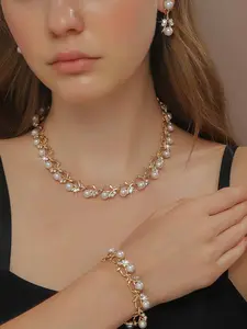 Wedding Pearl Jewelry Sets for Women Rhinestone Necklace Earrings Bracelet Sets Statement Bridal Jewelry Prom Costume Jewelry Set