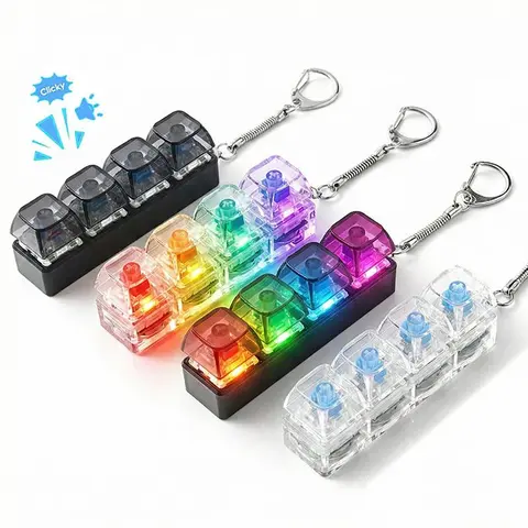 Glowing Keyboard Fidget Toy, 4-In-1 Stress Relief Keychain with LED Lights, Clear Keyboard Button Finger Clicker for Anxiety Relief decorative key Neon Decompression Squeeze,Cute Funny Keychains,Portable Sensory Fidget Accessory for Teens and Adults Gift