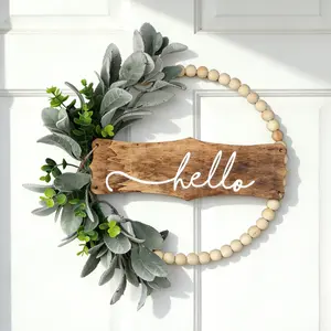 Boho Wood Bead Wreath with Hello Sign - Farmhouse Front Door Decor, Artificial Eucalyptus & Lamb's Ear Greenery for All Seasons Indoor Outdoor Hanging