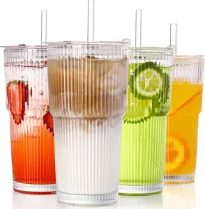 4PCS 19oz Vintage Ribbed Glass Tumblers with Lids & Straws | Clear Glassware Set for Iced Coffee, Milkshakes & Cocktails