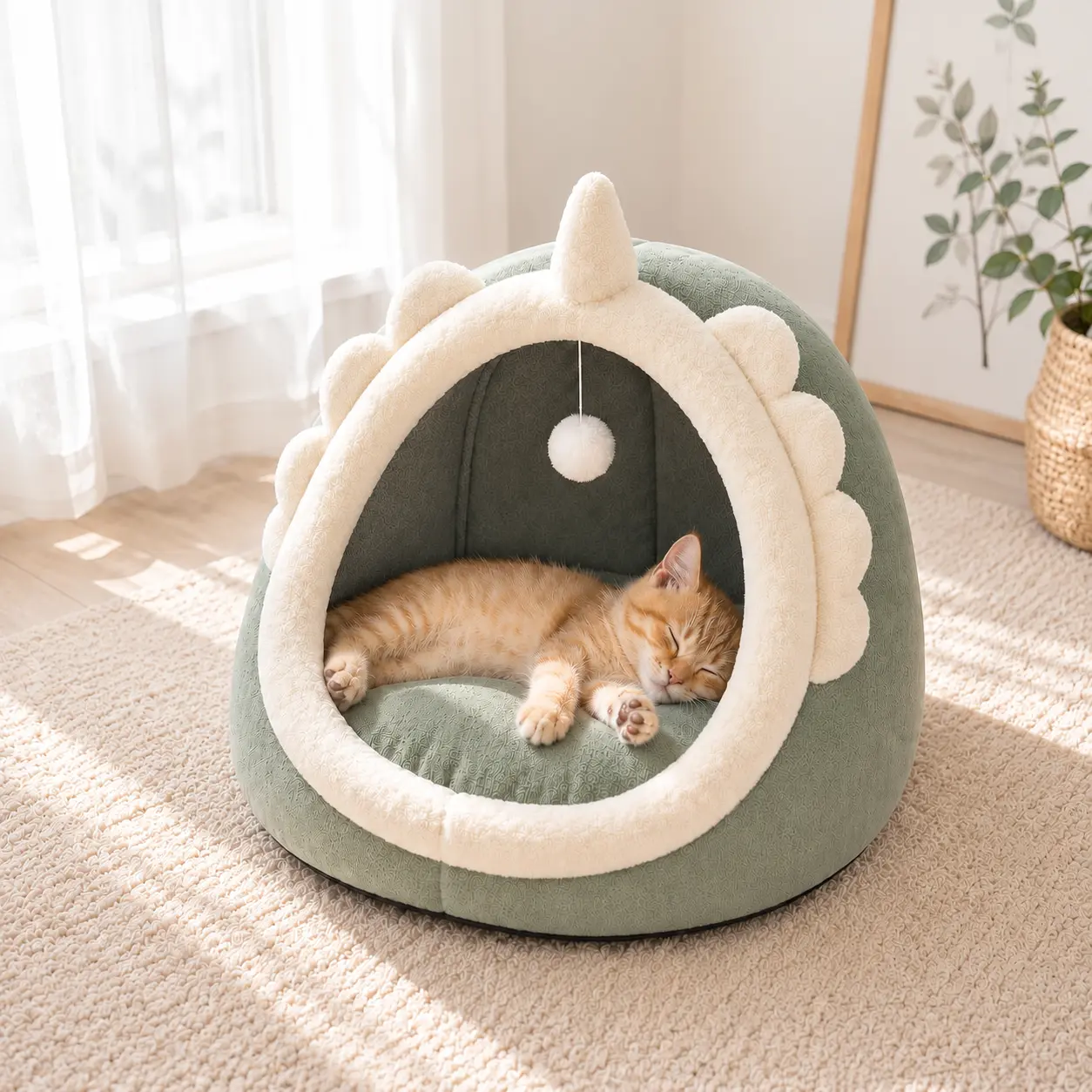 Cute Dinosaur Cat Bed for Indoor Cats, Semi-Enclosed Plush Cat Cave, Fluffy Soft Pet Couch Bed with Removable Washable Cushion, Wide Entrance, Cozy All-Season Kitten Sleeping Bed