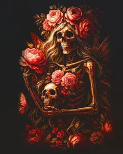 Halftone Skull Only for Black Fabric Ready to Press Heat Transfer DTF Transfer Direct to Film with Roses and Butterfly Design