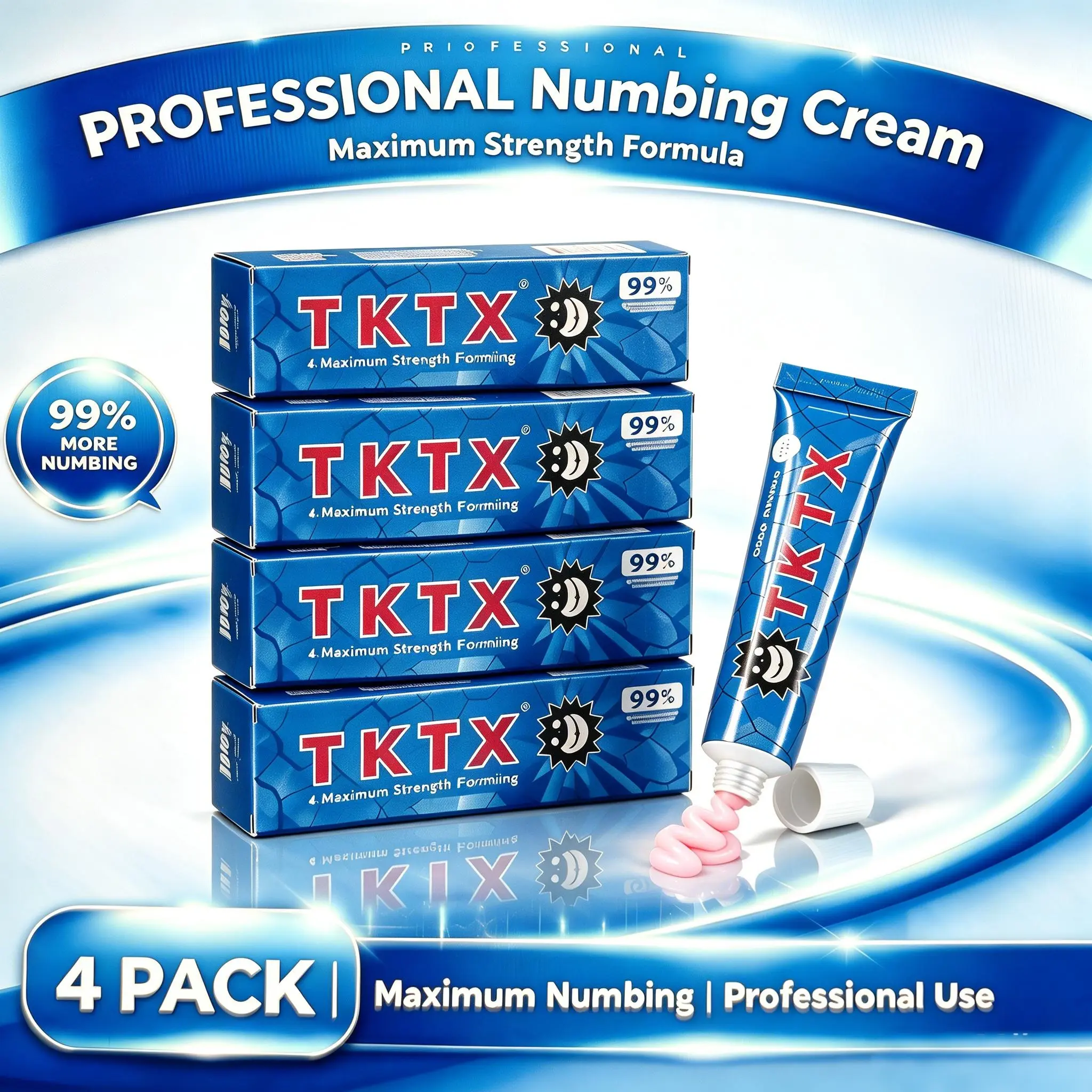 TKTX 4 Pack Deep Numbing Tattoo Soothing Cream 99% Maximum Enhanced Strength 6-8 Hours Long Lasting Fast Absorbing Non-Greasy Painless Ointment for Waxing Piercing Permanent Makeup Tattoo Aftercare Supplies for All Skin Types & Professional Artists