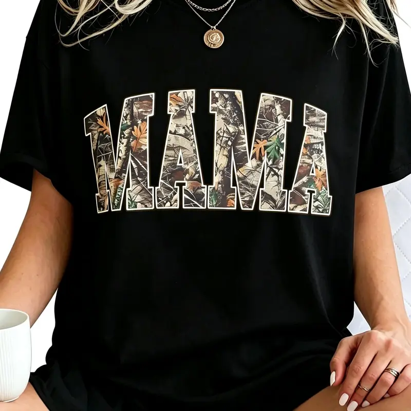Unisex Garment-Dyed Cotton Tree-Style Camo Letter Varsity Retro Short-Sleeve Crew Neck T-Shirt - Lived-In Look Outdoor Sports Top, Hunting Uniform, Gift-Ready Camo Mama Gift for Moms