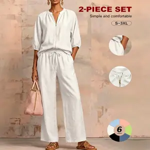 TFNOSlZE Women's Casual 2-Piece Set Quarter Zip Pullover Top & Wide-Leg Pants Everyday Comfortable Outfit for Womenswear Clothes Suits Trouser,summervibes summervibes