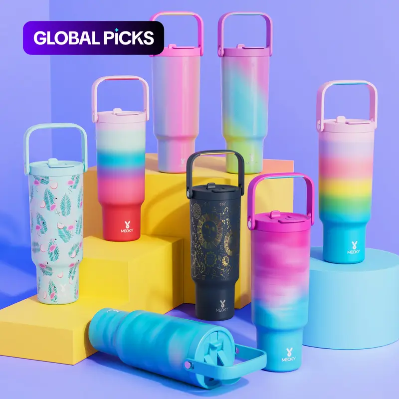 【Meoky】32oz&40oz Double-mouth Handle Tumbler, Direct Drinking Mouth and Straw Mouth, Replaceable Plastic Handle & Braided Handle, Leak-proof Insulated Cup Lid, Travel Accessories, Halloween Gifts, Vacuum Insulated Flask, Drinkware #GLOBAL PICKS