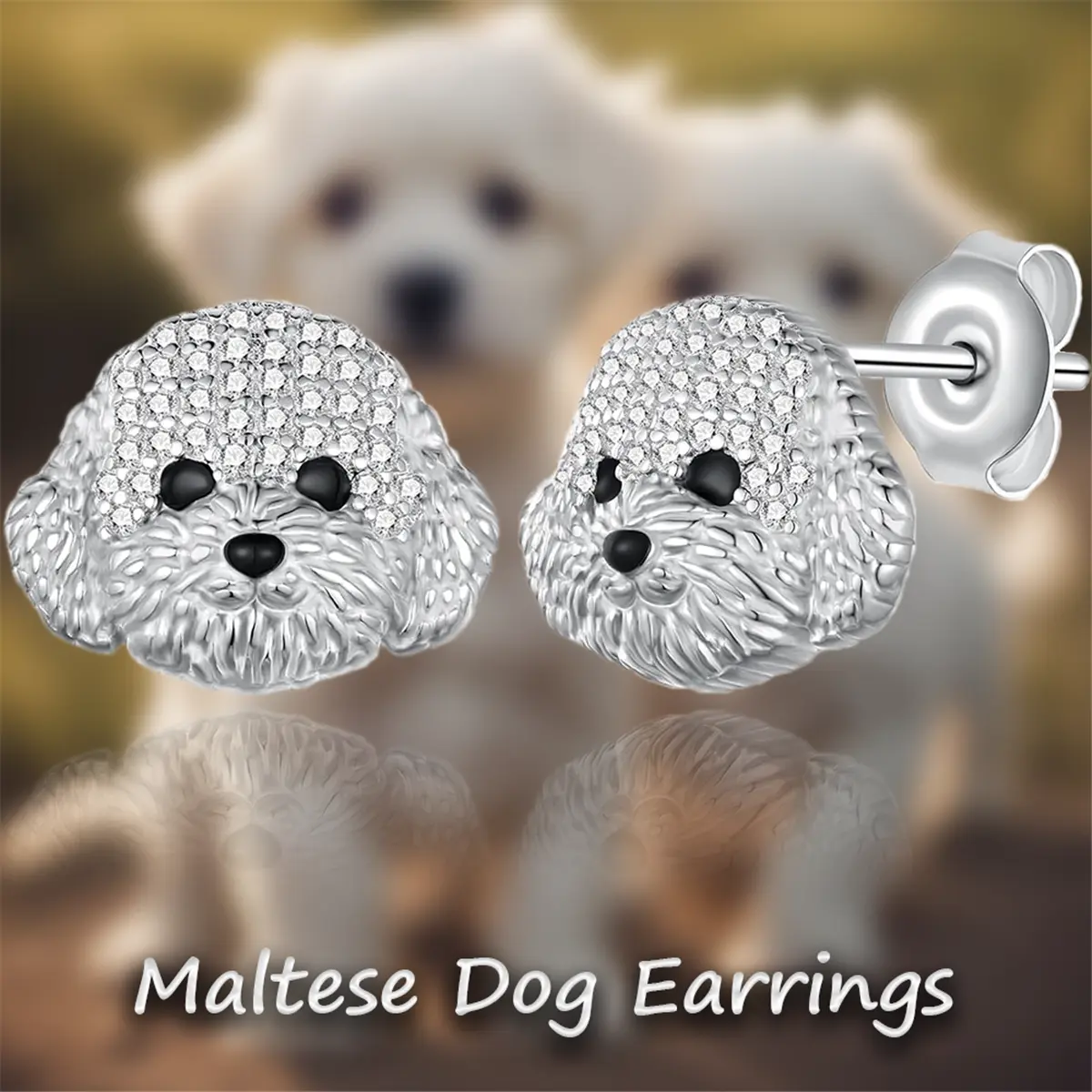 Stud Earrings for Women, Elegant Cute Maltese Dog Studs with Rhinestone Accents, Stainless Steel Ear Pins for Party & Daily Wear