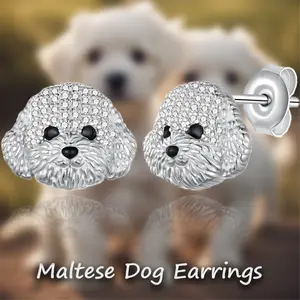 1Pair Creative Shining Rhinestone Cute Maltese Dog Stud Earrings Exquisite Cartoon Pet Puppy Earrings Stainless Steel Ear Pins Suitable for Ladies, Girls Daily Party Accessories Gifts
