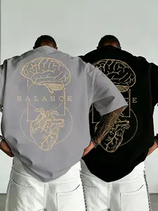 Men's "BALANCE" Brain & Heart Line Art Oversized Short Sleeve T-Shirt, Minimalist Aesthetic Streetwear Tee, Casual Intellectual Statement Top #BalanceTee #LineArtShirt #MinimalistStreetwear #IntellectualTee #TikTokMadeMeBuyIt