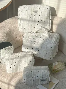 Lace Fabric Polka Dot Striped Cosmetics Bag, Soft & Fluffy Design, Zippered Travel Makeup Organiser, Large Capacity Toiletries Holder, Makeup Organizer