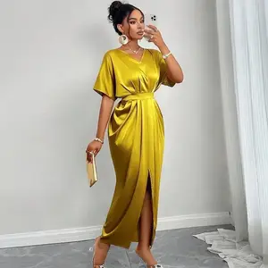 Women's Fashion 2025 Spring New Elegant V-neck Short Sleeve High Waist One-step Split Dress Long Dress