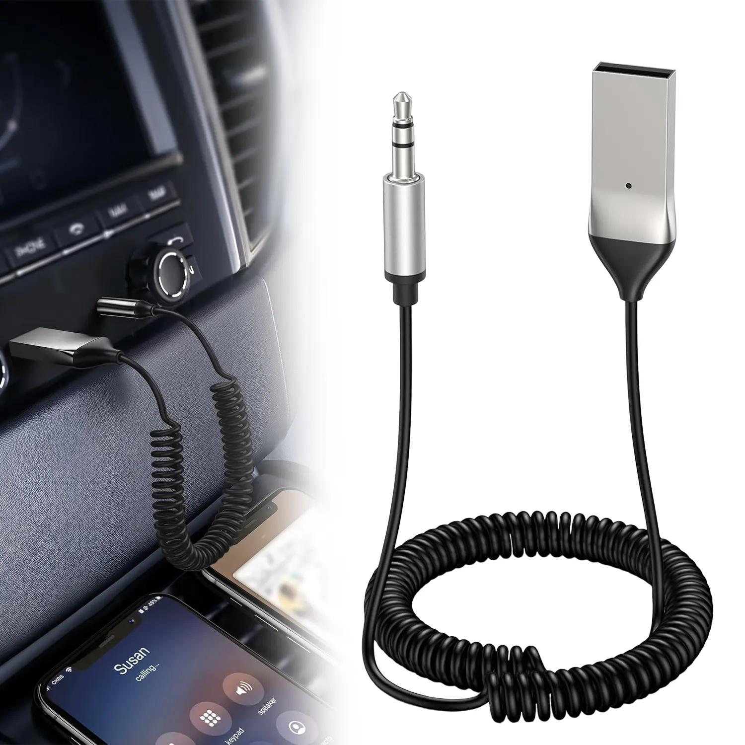 USB Bluetooth 5.3 Audio Receiver with Retractable Coiled Spring AUX Cable, Dual Phones Simultaneous Pair Wireless Car AUX Adapter, Universal for Car Stereo, Speaker, Amplifier, Laptop Tablet Phone